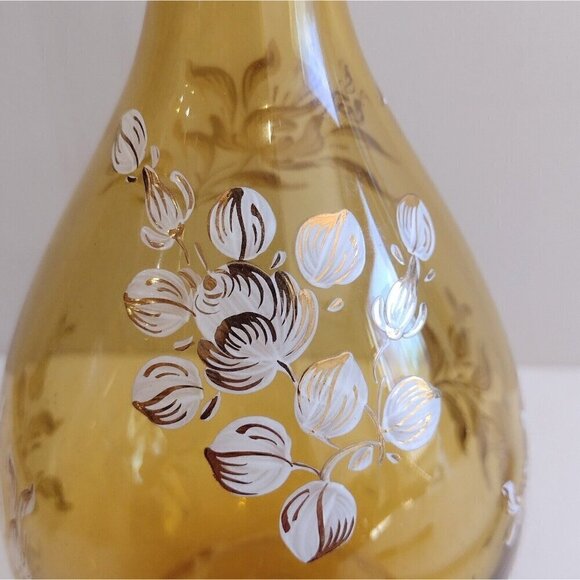 Vtg Italy Hand Blown Glass Wine Decanter Amber Gold White Floral Hand Painted - Picture 6 of 15